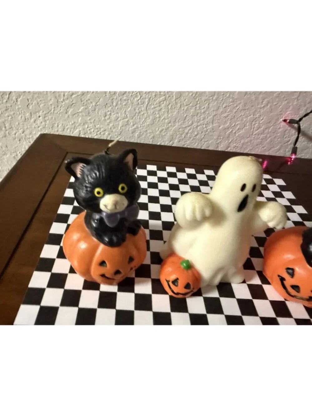 3 Vintage Halloween Candles Black Cats In Pumpkin Ghost Retro Table Top Mantel